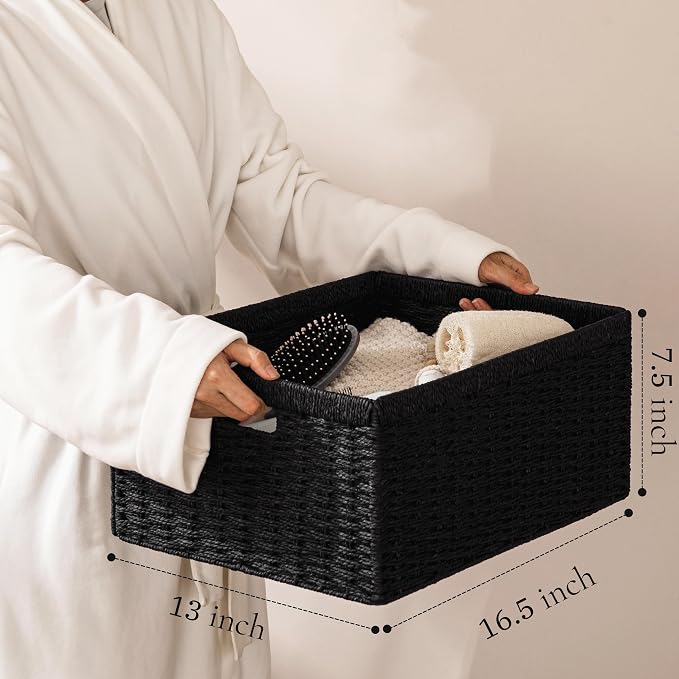 UBBCARE 2 Pack Wicker Basket, 16.5L×13H×7.5W inch Woven Paper Rope Storage Baskets for Shelves, Foldable Rectangular Storage Baskets with Handle, Storage Basket for Organizing, Black