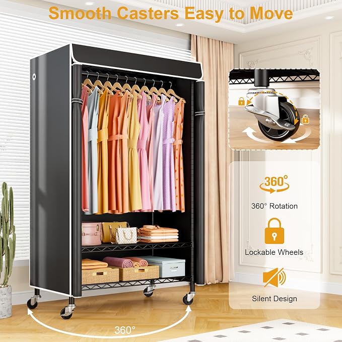 P6C Rolling Clothes Rack with Cover, 3-Tier Covered Clothing Rack | Portable Closets for Hanging Clothes, Heavy Duty Garment Rack on Wheels, Black Closet Rack with Black Cover, Max Load 365LBS