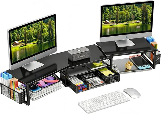 Simple Trending Dual Monitor Stand with Drawer and 2 Pen Holders, Black | 42"L x 9.5"W x 4.75"H. Sturdy metal. Fits 2 monitors. Reduces neck strain. Drawer + 2 pen holders. Easy assembly. 24h support