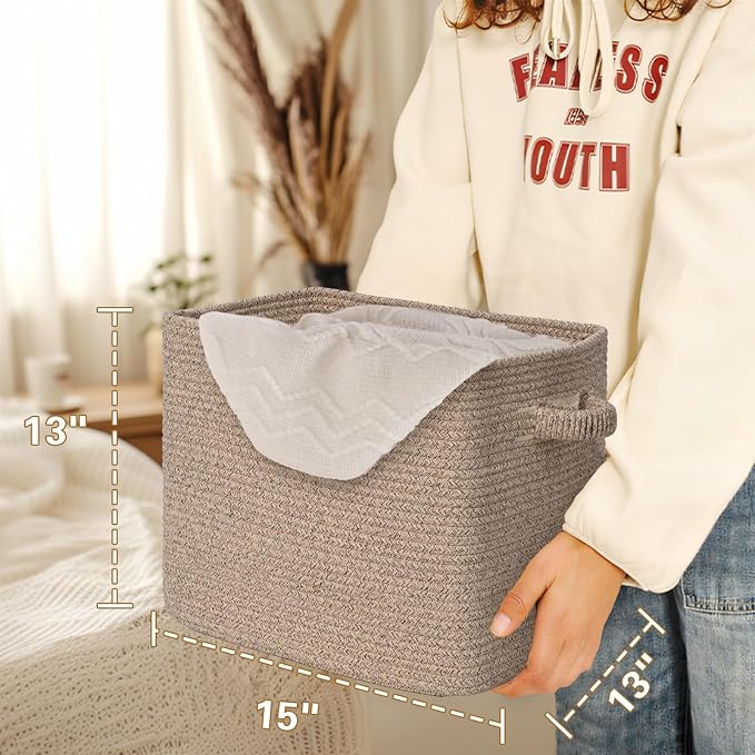 15×13 Inch Storage Cubes, 3 Pack Cube Storage Bins for Organizing, Cotton Rope Woven Baskets for Shelves, Bathroom, Kids Room, Closets, Baby Nursery