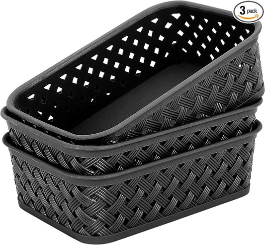 MaxGear 3 Pack Plastic Storage Baskets, Small, Black | Durable Woven Plastic with Built-In Handles, Suitable for Shelves, Closets, Cabinets, Bathrooms and Offices