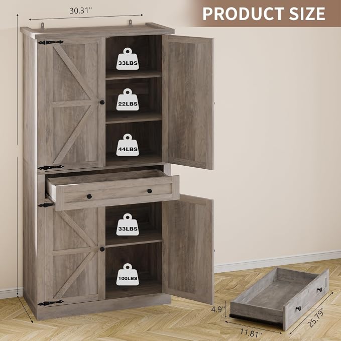 BORNOON Pantry Organizers and Storage Cabinet, 67.7” Barn Door White Kitchen Cabinet with Drawers and Adjustable Shelf, Tall Pantry for Kitchen, Dining Room, Living Room Bedroom
