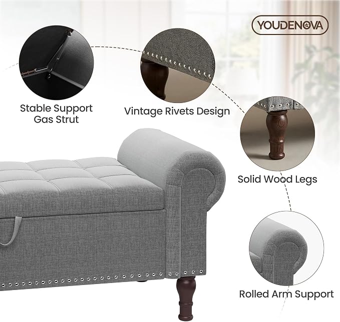 YOUDENOVA Ottoman with Storage, 51" End of Bed Bench with Rolled Arms, Upholstered Storage Bench with Vintage Rivets for Bedroom, Living Room, Entryway, Light Gray