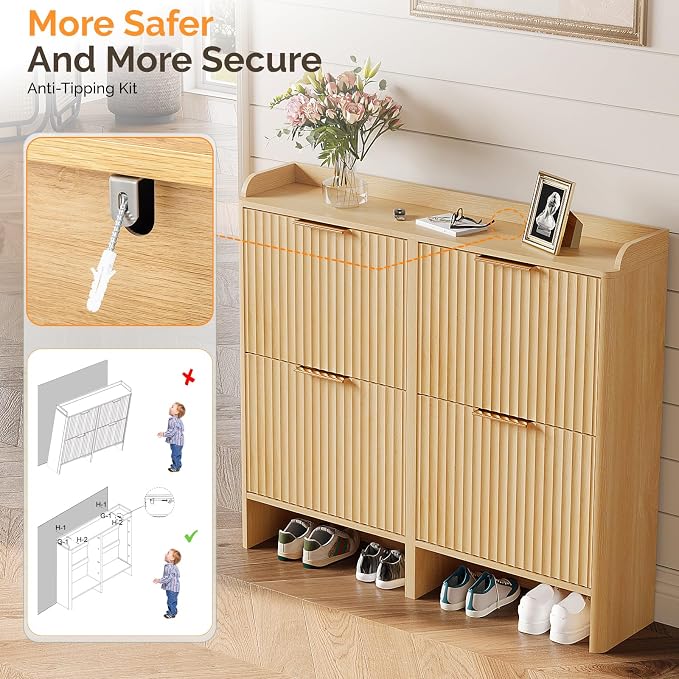 VINGLI 43.5" Large Oak Fluted Shoe Storage Cabinet with 4 Flip Drawers, Slim Entryway Shoe Organizer with Unique Curved Side Panels, Natural Wood Shoe Rack for Hallway, High Capacity Hidden Shoe Shelf