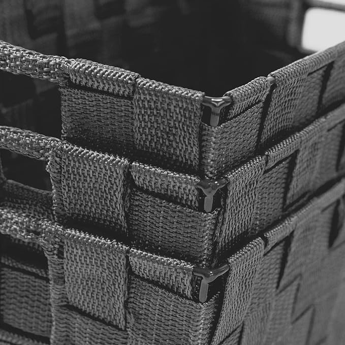 Storage Baskets for Organizing, Woven Organizer Baskets for Shelves, Small Strap Shelf Baskets for Bathroom Storage, Grey, Set of 4
