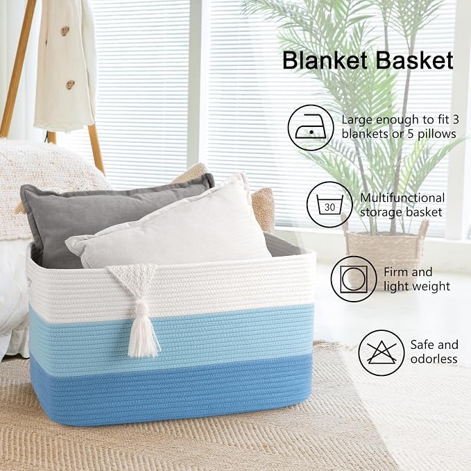 OIAHOMY Large Blanket Basket, 22”x17”x12” Rectangle Woven Baskets, Nursery Blanket Storage Living Room, Toy Storage With Handle, Large Baskets for Organizing-Gradient Light Blue
