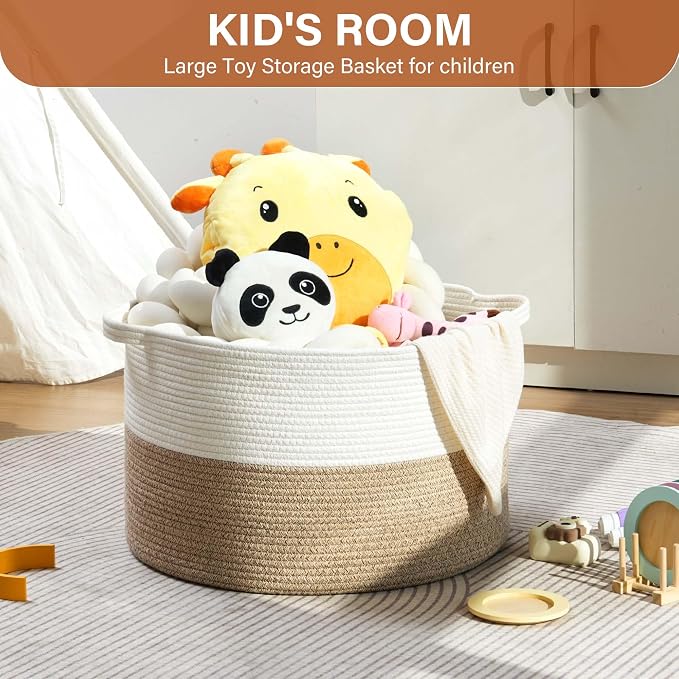 Foldable Laundry Hamper Basket with Collapsible Handle Cotton Rope Soft Woven Fabric Storage Organizer Clothes Toys Nursery Bedroom Dorm Space Saving Bin (White & Brown, 65L(19.7"D x 12.6"H))