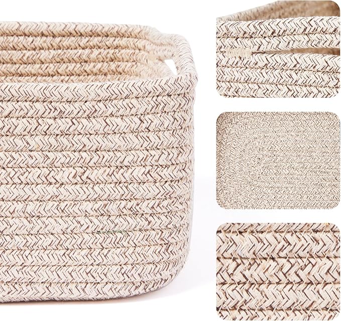 MiniArk Small Storage Baskets for Organizing | Closet Organizer Bins | Shelf Toy Basket | Woven Rope Baskets | Cube Decorative Box | Shallow Basket | 13x8.5x5.1” | 3 Packs Mixed Brown