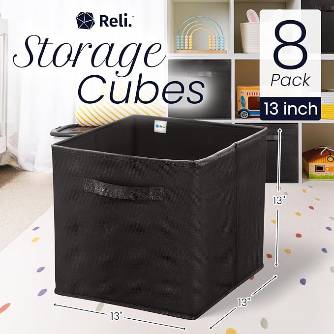 Reli. 13x13x13 Storage Cube Bins (8 Pack) | Large Cube Organizer Bins | Fits Kallax | Collapsible, Foldable Fabric Cubby Box (Square) | 13x13 Fabric Storage Boxes | Kids Room Organization (Black)