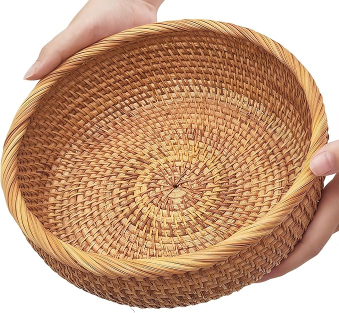 9.2" Medium Rattan Wicker Bread Basket, Fruit Basket for Kitchen Counter | Sturdy Well-Made Handwoven Bread Baskets for Serving, Natural Food Baskets, Versatile for Fruits, Snacks, Keys & More (Round)
