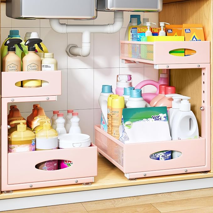 Under Sink Organizer, 2 Tier Pull Out Under Cabinet Organizer Shelf with Pad for Framed Cabinets, Metal Slide Out Under Sink Storage, Mesh Sliding Drawers for Kitchen Bathroom Laundry(Pink, 1 Pack)