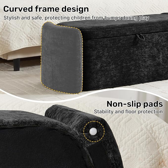 Oval Ottoman Bench with 20 Gal of Storage Space Upholstered Chenille Seat End of Bed Storage Bench Storage Ottoman with Storage for Bedroom, Living Room, Entryway, Window (Black)