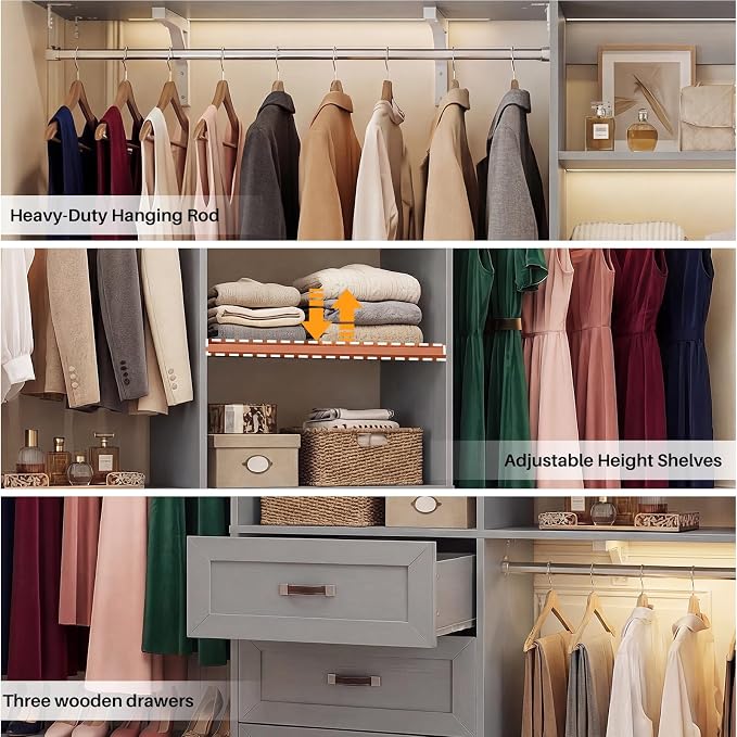 8FT Closet System with 3 Curved Drawers, 96'' Wooden Walk-in Closet Organizer with 3 Top Shelves, Adjustable Organizer System with 3 Hanging Rods, Built-in Wardrobe Storage Rack for 4-8 ft, Grey