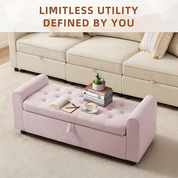 48" Ottoman with Storage, Tufted Storage Ottoman Bench, Convenient Living Room Fabrics Bench Seat, Entryway Shoe Benches with Inner Zipper & Arm, Rivetless Upholstered Window Seat Ottomans, Pink