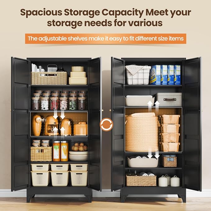 Yizosh Metal Pantry Cabinet,- 72" Black Kitchen Pantry Storage Cabinet with Doos and Adjustable Shelves for Kitchen, Living Room,Dining Room,Home