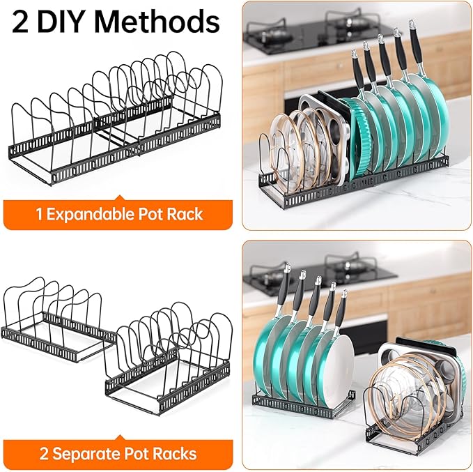 MUDEELA Expandable Pot Pan Lid Organizers inside Cabinet, 12 Divider-Black | Expandable 11.8–22.9", 12 Adjustable Divider, Tool-Free Assembly, Non-Slip, Scratch-Proof, For Pan Lid Cutting Board Bakeware