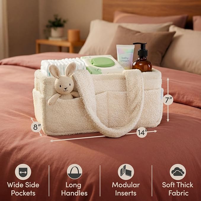 PUTSKA Baby Diaper Caddy Organizer, Nursery Basket, Cream Fleece