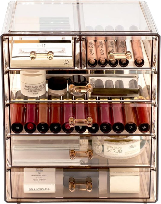 Sorbus Acrylic Makeup Organizer Set, 6-Drawer Vanity & Countertop Cosmetic Storage with Small & Wide Drawers, Bronze Glow Makeup Storage for Brushes, Lipsticks, Jewelry, Holiday Gift for Women & Teens