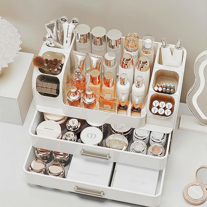 Makeup Organizer with Drawers for Vanity,Bathroom Countertop Organizer with Brushes Holder,Skincare Storage Organizer,Perfect Cosmetic Display Case for Skincare,Lipstick and Beauty Essential
