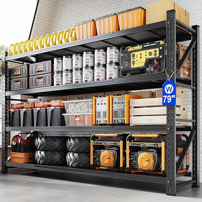 79" W Metal Garage Storage Shelves,7000LBS Heavy Duty 4-Shelf Adjustable Steel Organization Shelving,Utility Rack Shelf,79" W x 24" D x 79" H for Basement,Warehouse,Industrial