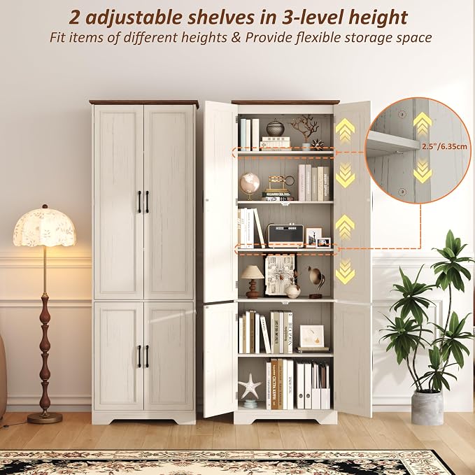 Function Home Farmhouse Kitchen Pantry Cabinet, 72" Tall Storage Cabinet with Doors and Adjustable Shelves, 6 Tier Freestanding Cupboard for Dining Room Living Room Bathroom, Antique White & Brown Top