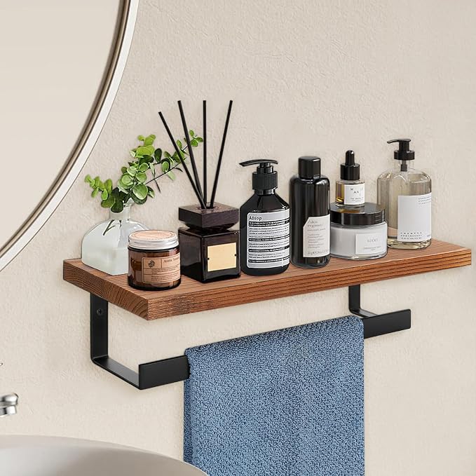 Hand Towel Holder/Towel Ring with Wooden Shelf, Hand Towel Rack, Hand Towel Hanger for Bathroom, Bath Accessories Wall Mounted, (Matte Black, 12"-Squ Shaped)