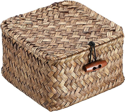 Hipiwe Handwoven Seagrass Basket Bin Small Decorative Shelf Basket Boxes with Lid Wicker Storage Baskets Bins Multipurpose Table Organizer for Key Home Decor, 4.7"L x 4.7"W x 3"H