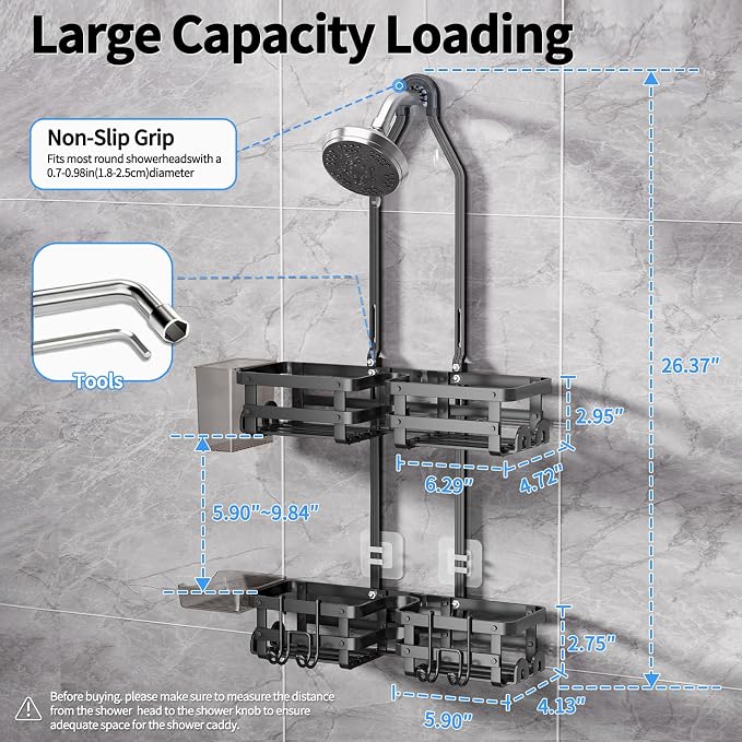 GAOKASE Aluminum Shower Caddy Hanging, Never Rust Shower Organizer | 4 Levels with adjustable Height 10 Hooks for Razor/Sponge - Rack with Soap Basket (Black-1)