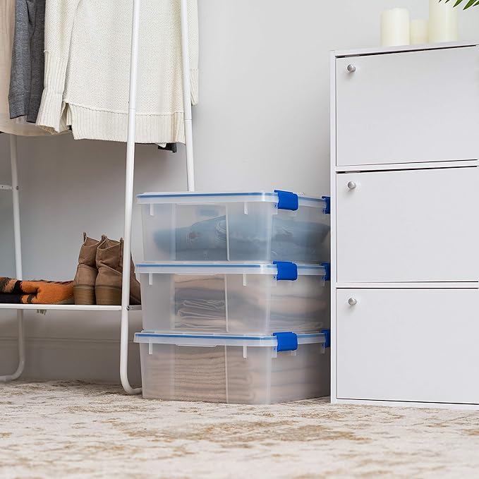 IRIS USA 3-Pack 26.5 Qt Storage Bins with Gasket Lids, Clear/Blue | WeatherPro seal protects everyday essentials in closets, offices and laundry rooms