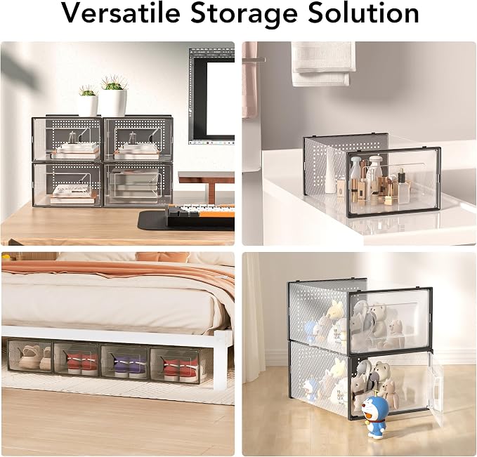 Foluck X-Large 15 Pack Shoe Storage Organizer Box Clear Plastic Stackable | Interlocking Design, Sturdy Dustproof Breathable, Fits Men's Size 10 Women's Size 11, for Closet Entryway Under Bed