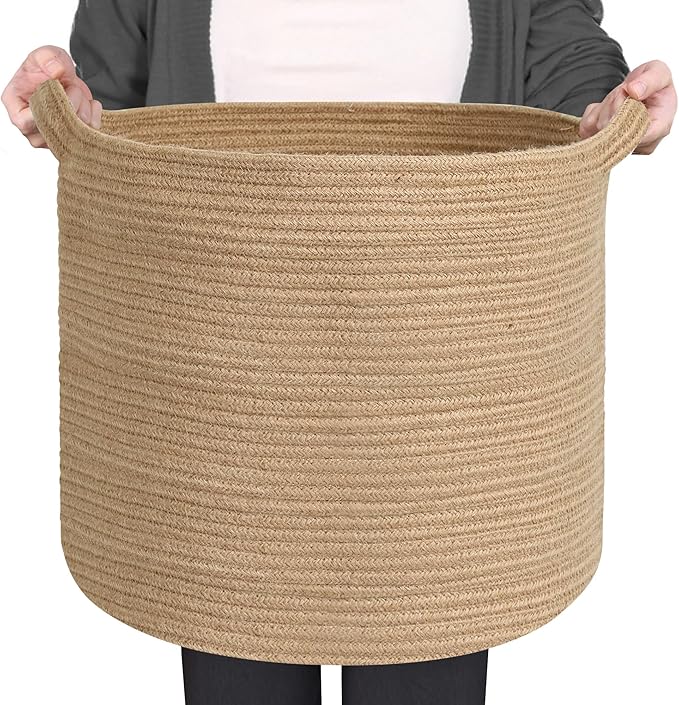 MEGASKET Large Wicker Storage Basket, 16" x 14" Jute Woven Basket with Handle, Living Room Blanket Storage, Big Wicker Laundry Basket, Kids Toy Bin Box Organizer, Decorative Round Baskets for Decor
