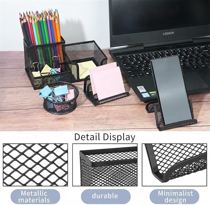 Desk Organizer for Office, 6 Pieces Mesh Desk Multi-functional Storage Set Office Supplies Accessories (Black)