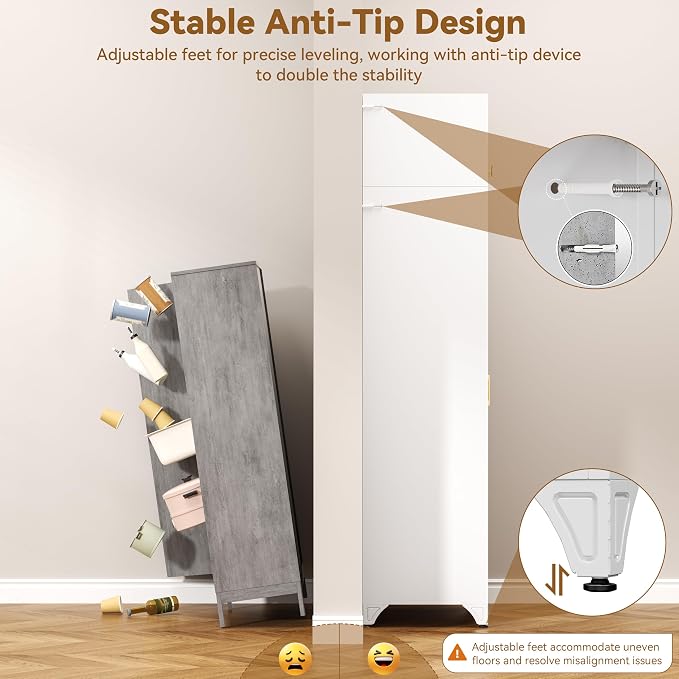 Polup 90" Tall Metal Kitchen Pantry Storage Cabinet with Doors and Shelves | Heavy-Duty White Cabinet, 5 Adjustable Shelving, Gold Handles, Louvered Doors, for Dining Living Room, Bathroom & Garage