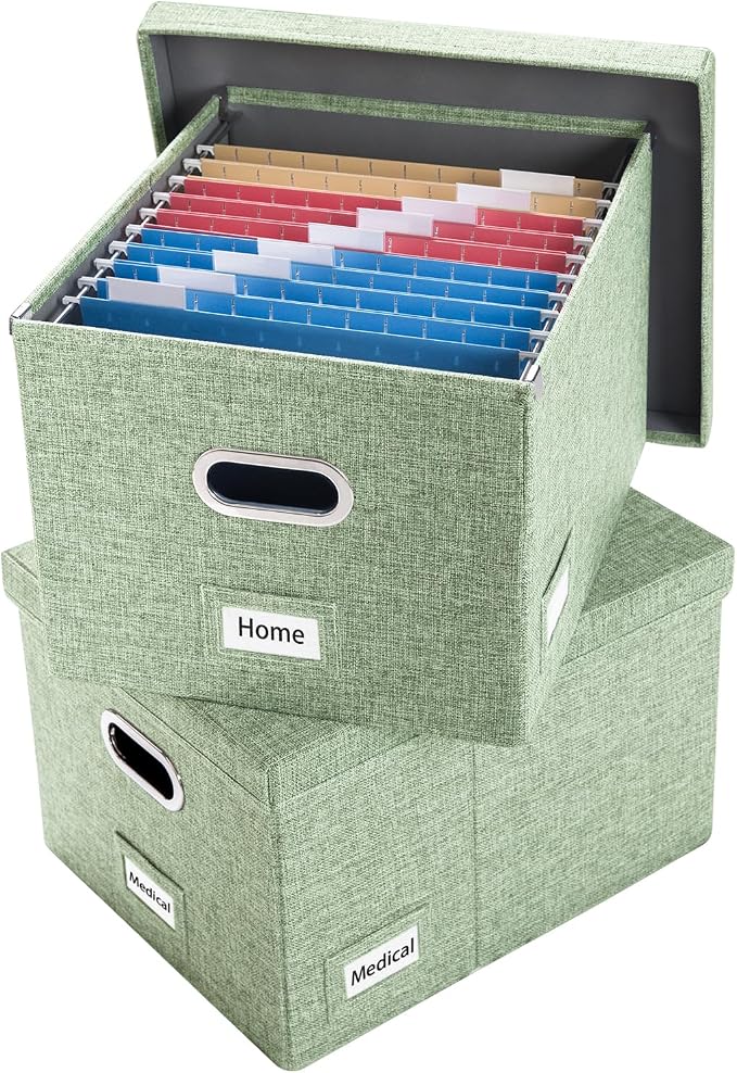 File Organizer Box - Set of 2 Collapsible Decorative Linen Filing Storage Hanging File Folders with Lids Office Cabinet Letter/Legal Size Green 17x14x11.2 inch