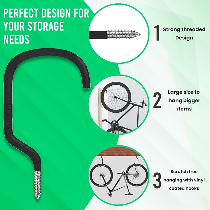 4Pcs Heavy Duty XL Garage Bike Storage and Utility Hooks-8 Inches | Vinyl coated, Anti slip, Stainless steel, Anti rust, Garage Wall, Ceiling Hooks for Hanging Bicycle, Hose, Cord, Garden Tools