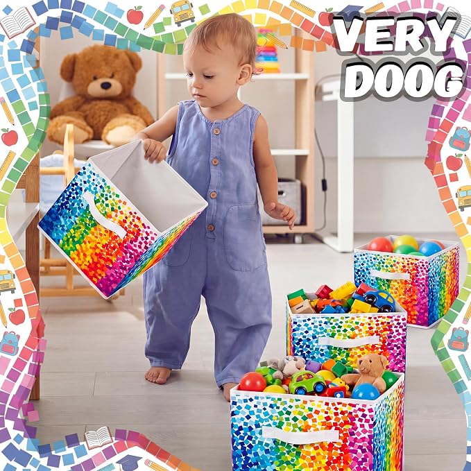 6 Pcs 11 Inch Multicolor Fabric Storage Cube Bin Woven Foldable Storage Cubes for Classroom Basket Bin Classroom Organizer with Handle Decor for Organizing Clothes, Toys, Books