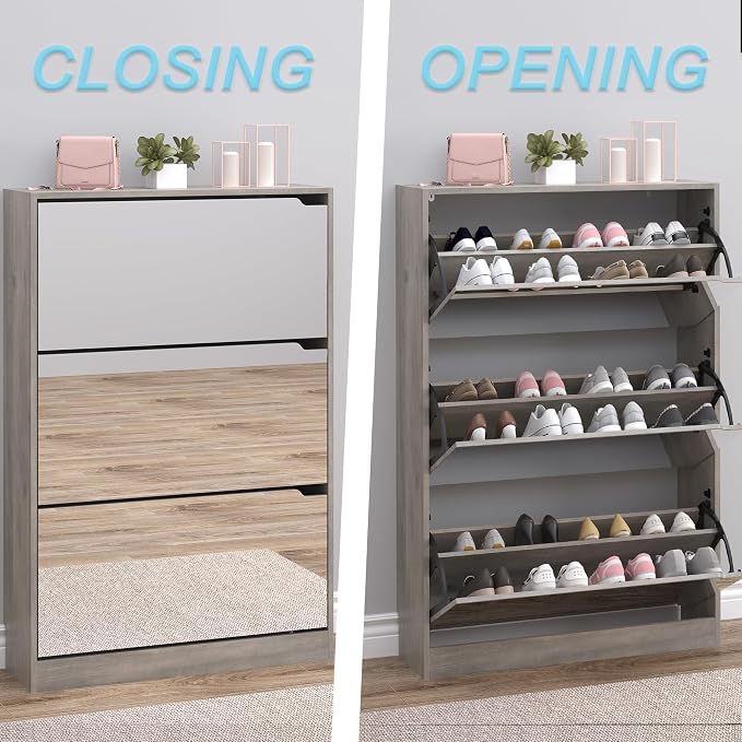 BORNOON Shoe Cabinet with 3-Flip Mirror Drawers, Freestanding Shoe Rack Organizer with Hidden Handle, Slim Narrow Shoe Storage Cabinet for Entryway, Entrance, Hallway, Bedroom