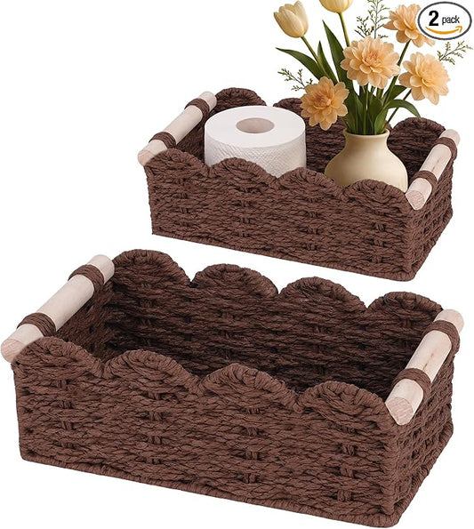 iEGrow Paper Rope Small Storage Baskets for Organizing, Set of 2 Scalloped Edge Wicker Basket with Wooden Handles Toilet Paper Basket for Over Toilet Storage Shelf, Home Decor, Living Room (Brown)
