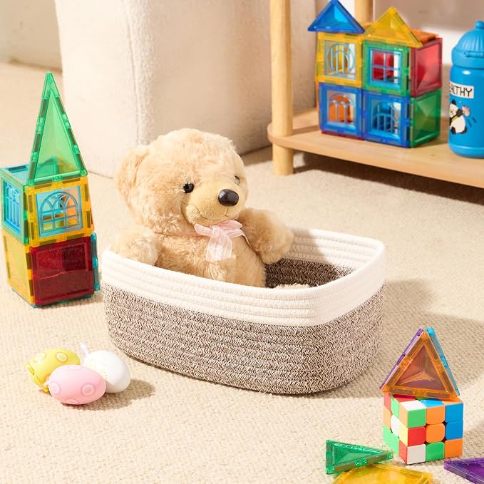 MiniArk Small Storage Baskets for Organizing | Closet Organizer Bins | Shelf Toy Basket | Woven Rope Baskets | Cube Decorative Box | Shallow Basket | 11.5x7.5x4.7” | 3 Packs White Brown