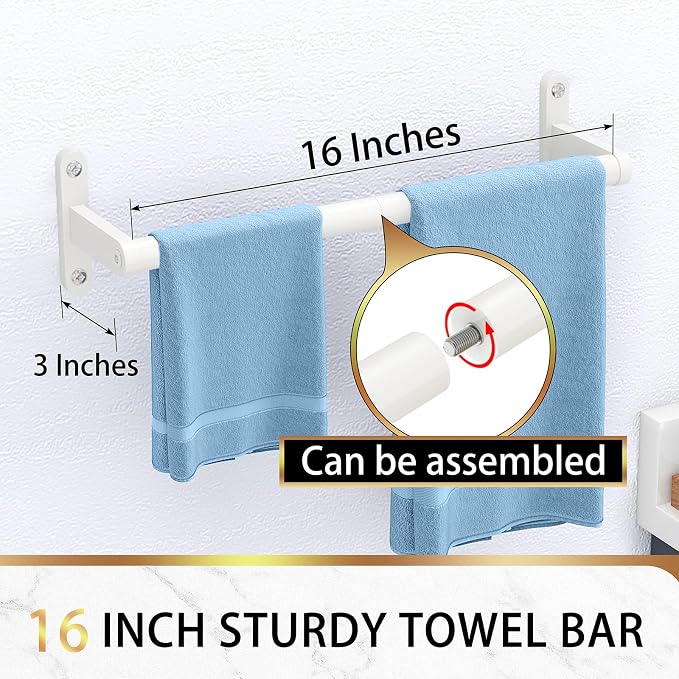 KLJKPA Towel Bar for Bathroom, 16 Inch Wall Mounted Towel Rack, White | Heavy Duty Single Towel Rod, Space-Saving Hand Towel Holder, Toilet Kitchen Towel Storage, Rustproof, Stainless Steel