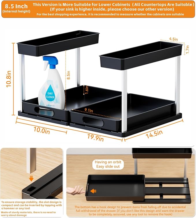2 Pack 10.8″ High Pull Out Under Sink Organizer,14.5″ Deep 2 Tier Slide Out Cabinet Organizer for Kitchen Cabinet,Undersink Organizers,Under Sink Shelves,Bathroom Organizers and Storage,Black