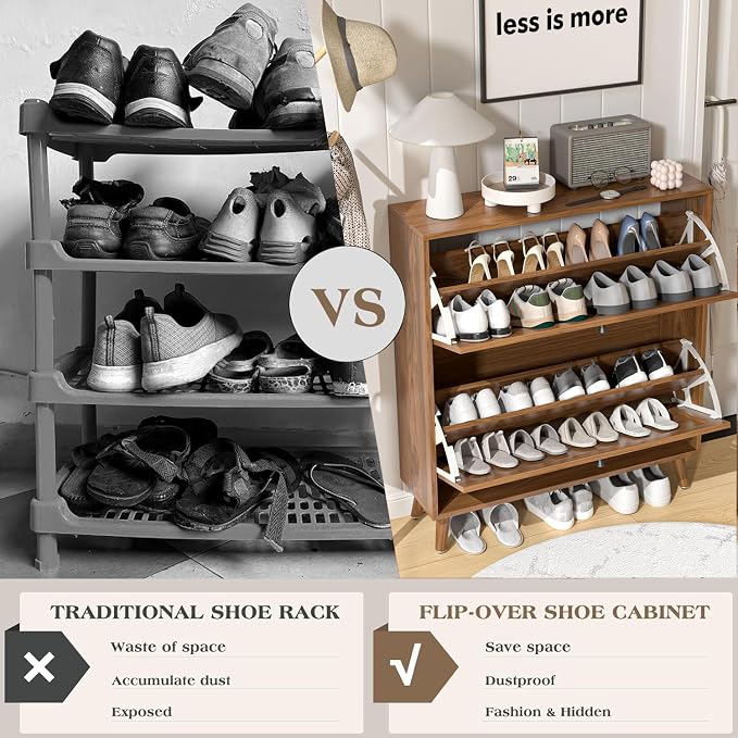 Fsbecl Shoe Storage Cabinet for Entryway with 2 Flip Drawers, Narrow Wood Shoe Cabinet with Fluted Panel, Freestanding Hidden Shoe Organizer for Hallway
