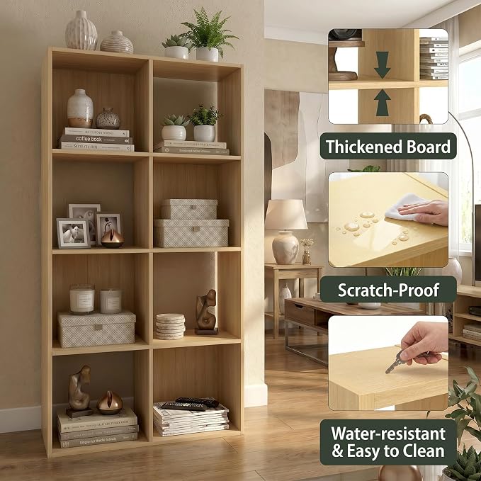 WannabeMyself【Sturdy Build&Easy Assembly】8 Cube Storage Organizer with Anti-Tipping Kits,Reversible Open Back Book Shelf, Bookcase for Living Room,Bedroom,Entrance Hall,Office,24.1×11.4×47.7,Oak Color