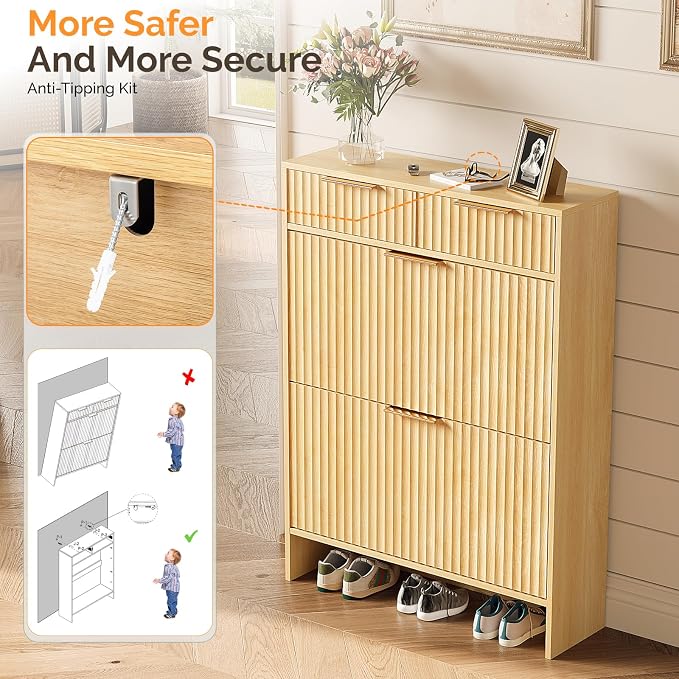 VINGLI Fluted Shoe Cabinet for Entryway, Slim Shoe Storage Cabinet with 2 Flip Drawers & 2 Top Drawers, Modern Hidden Shoe Rack Organizer with Adjustable Shelves, Narrow Freestanding Console, Oak