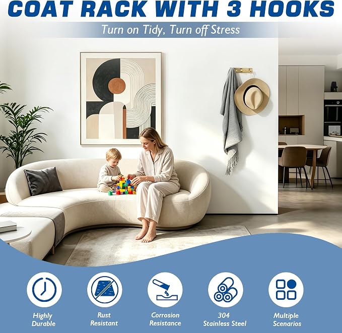 Alise Gold Coat Hooks Hat and Coat Rack with 3 Hooks Wall Mounted | Key Hooks for Robes,Bags,Keys,and Towels,SUS304 Stainless Steel Wall Hooks for Hanging,Self Adhesive or Drilling