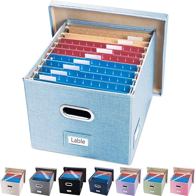 File Organizer Box - Set of 1 Collapsible Decorative Linen Filing Storage Hanging File Folders with Lids Office Cabinet Letter/Legal Blue (17x14x11.2 inch)