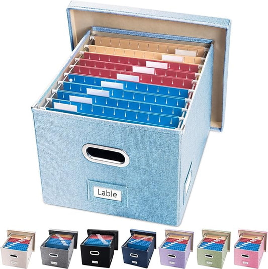 File Organizer Box - Set of 1 Collapsible Decorative Linen Filing Storage Hanging File Folders with Lids Office Cabinet Letter/Legal Blue (17x14x11.2 inch)