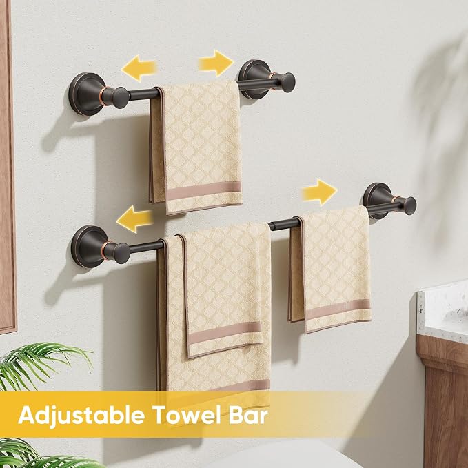 BESy Towel Racks for Bathroom Wall Mounted Bath Towel Bar Oil Rubbed Bronze | Adjustable 16-26 In, Wall Mounted Towel Holder, Stainless Steel, Rustproof, Towel Bar Rod Hanger Hardware Accessories Hotel