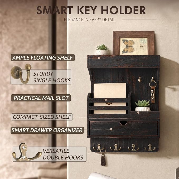 Rebee Vision Key Holder Wall Mount with Shelf for Entryway,Distressed Black | Pine Wood, Key Holder for Wall, 6 Key Hooks, Shelf, Plant Display, Drawer Organizer, Mail Organizer, Home Decor Aesthetic