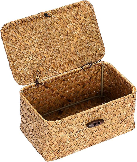 Hipiwe Small Seagrass Wicker Box with Lid Decorative Shelf Basket Bin | Handwoven Basket Storage Boxes for Home Decor, Multipurpose Desktop Organizer, Caramel 7.0" x 4.3" x 3.3"